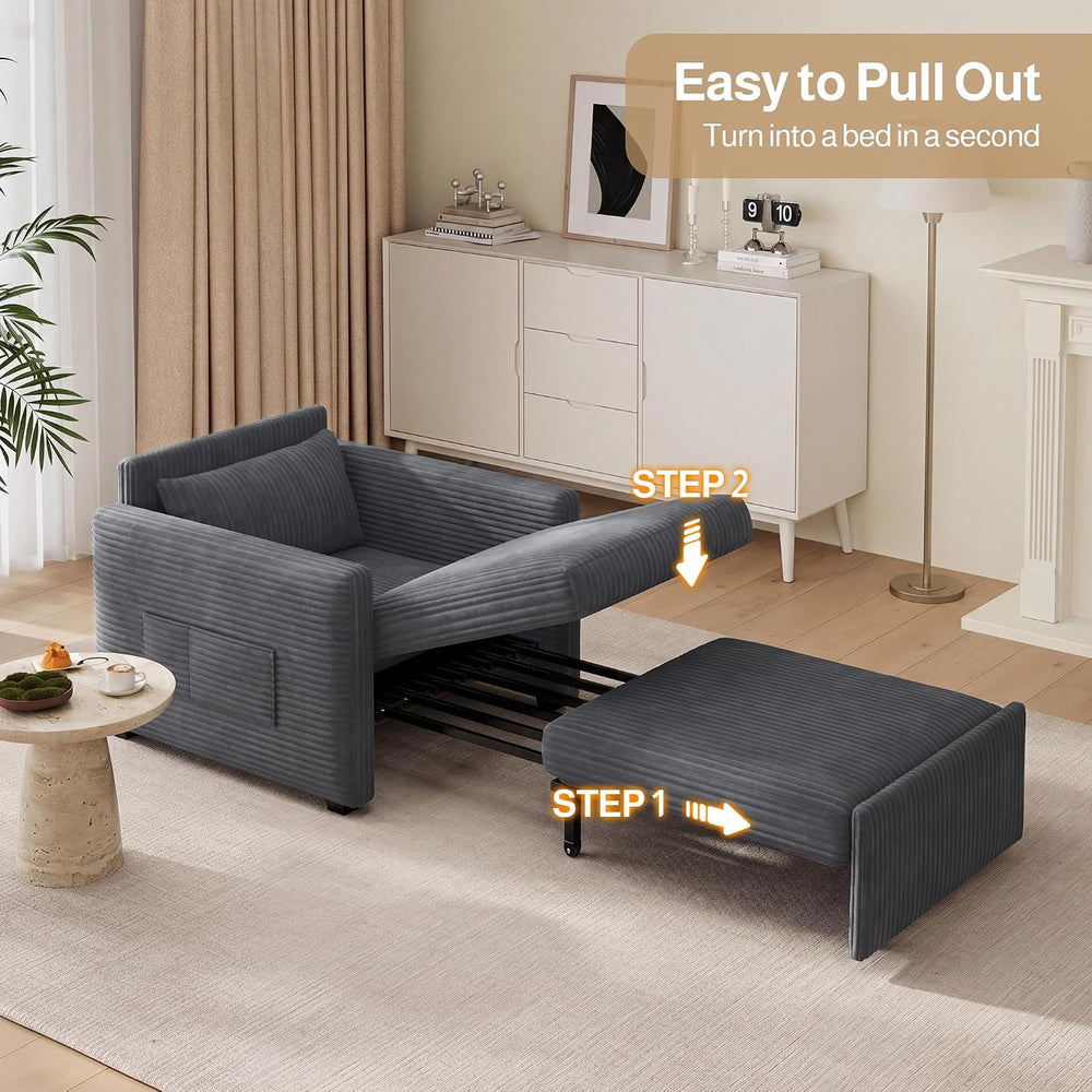 Ahomly 3 in 1 Pull Out Sleeper Chair, 75.2โ Corduroy Single Sofa, Dark Gray