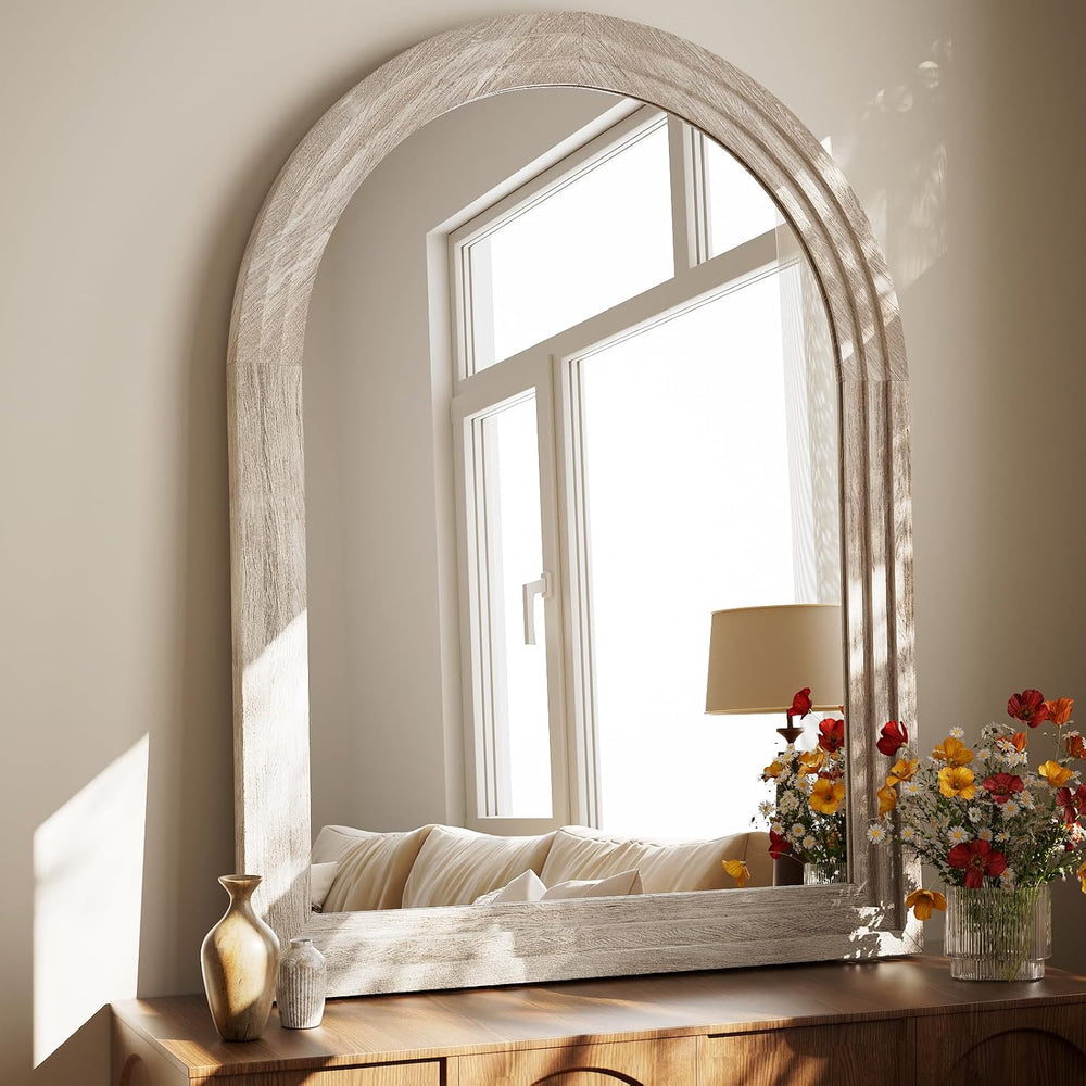 40" x 30" Solid Wood Arched Framed Bathroom Mirror, White