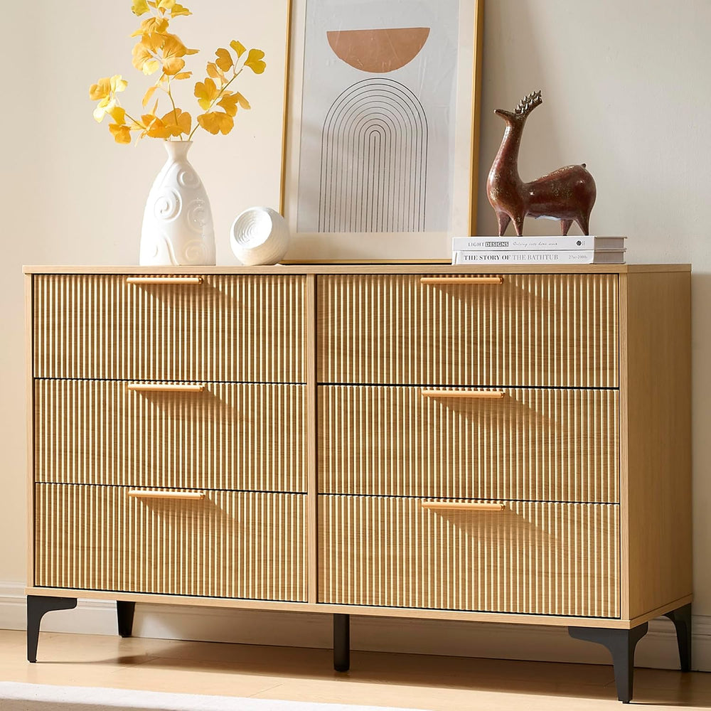 3-Piece Fluted Bedroom Set, 6 Drawer Dresser & 3 Drawer Nightstands