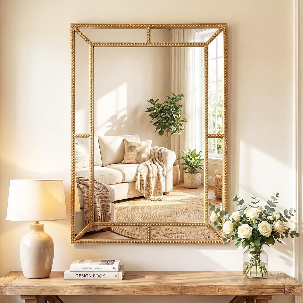 CHARMAID Gold Beaded Wall Mirror, 36"x24" Decorative Metal Framed V...