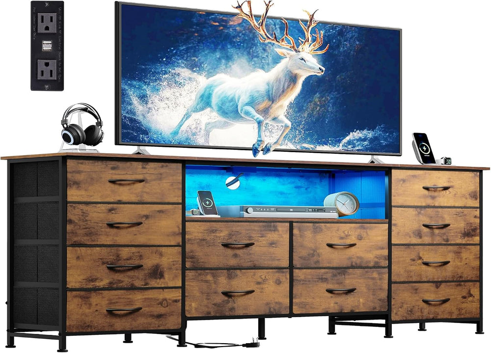 WLIVE Dresser TV Stand for 75 Inch TV, 12 Drawer LED Dresser, Rustic Brown