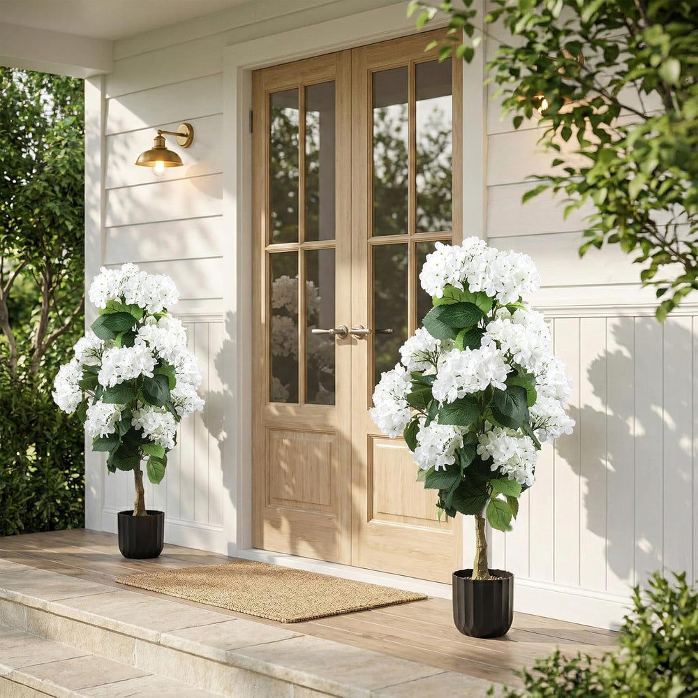 2 Pcs 3 Ft Artificial Hydrangea Trees Faux Potted Topiary for Outdoor