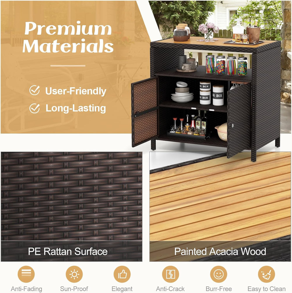 Tangkula Rattan Outdoor Storage Cabinet, Patiojoy Outdoor Cabinet with Acacia...
