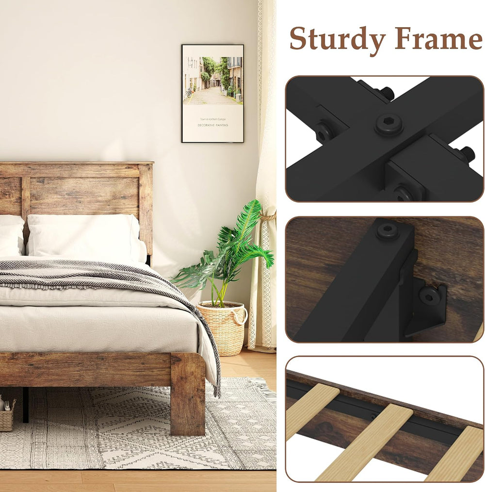 DWOYFO Wood Platform Bed Frame, Full Bed Frame with Headboard, Dark Brown