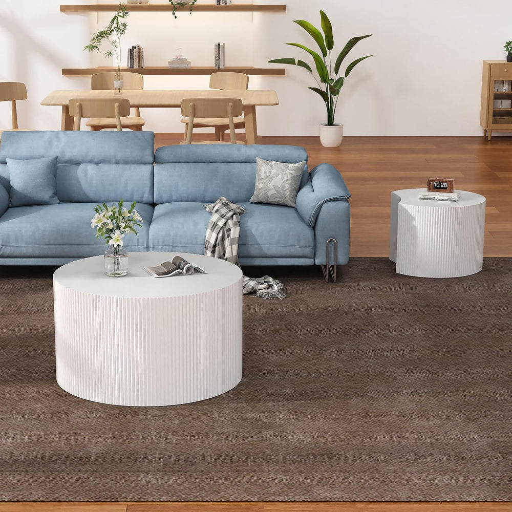 Fluted Round Nesting Coffee Table Set of 2 (AL) | Mid Century Minimalist Circ...