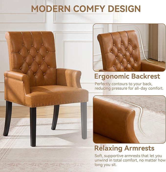 PU Leather Dining Chair with Arms, Upholstered Tufted High Back Dining Room C...
