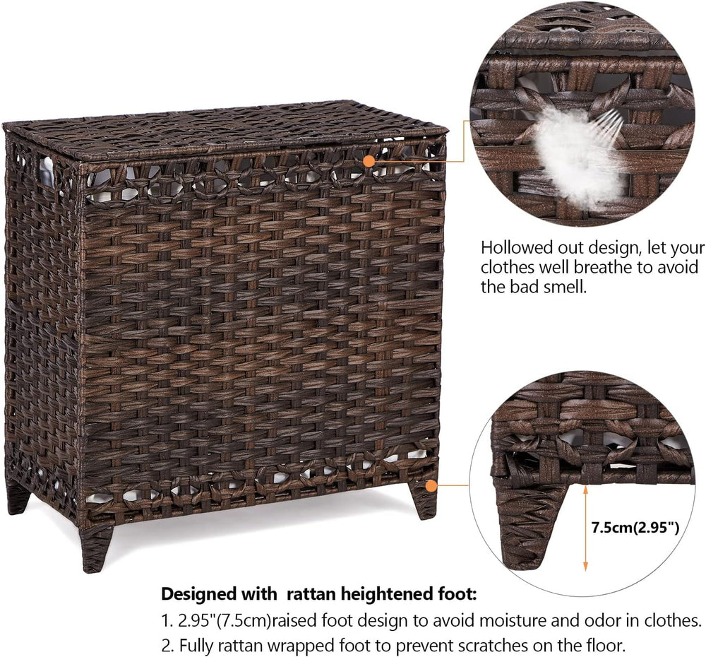 Laundry Hamper with 3 Removable Liner Bags; 132L Handwoven Rattan Laundry Bas...