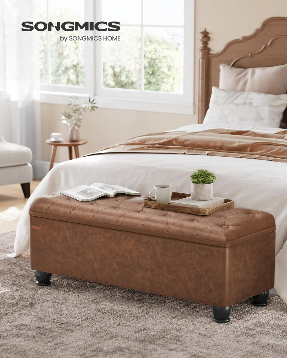 SONGMICS Storage Ottoman, 46.5 Inches Long Bed End Stool, Solid Wood Legs