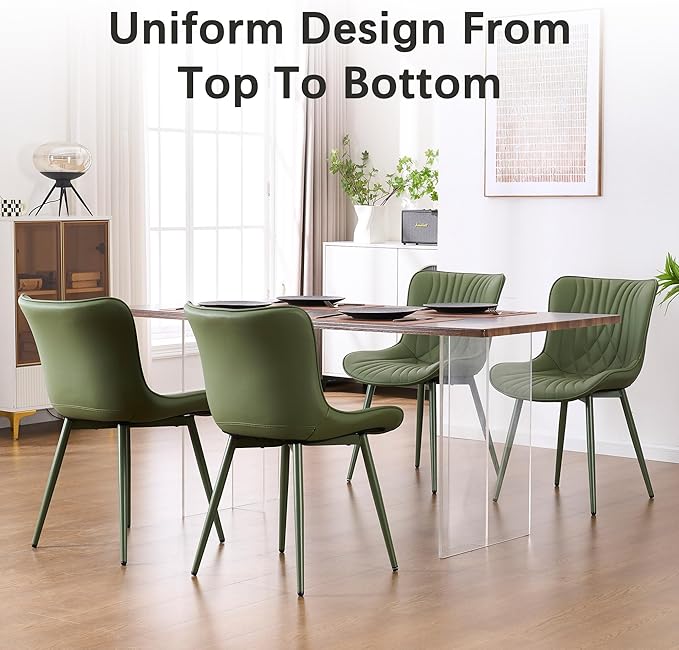 YOUTASTE Upholstered Leather Dining Chairs Set of 2 All Olive Green, Mid Cent...