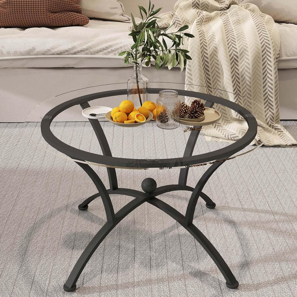 3 Piece Round Glass Coffee Table Set, Black Metal Steel Frame Center Table an...