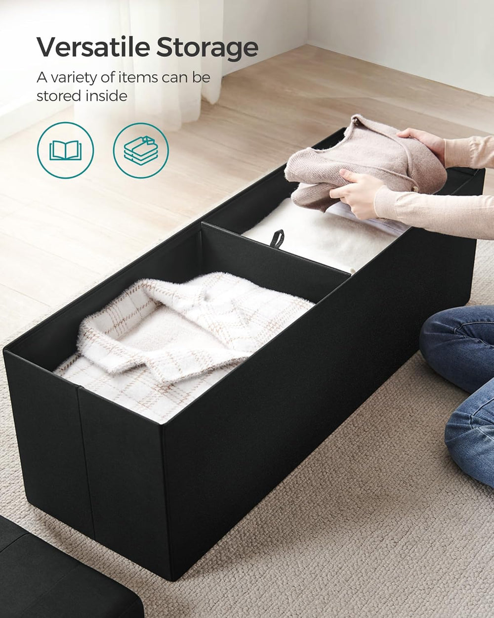 SONGMICS 43.3 Inches Folding Storage Ottoman Bench, Load 660 lb