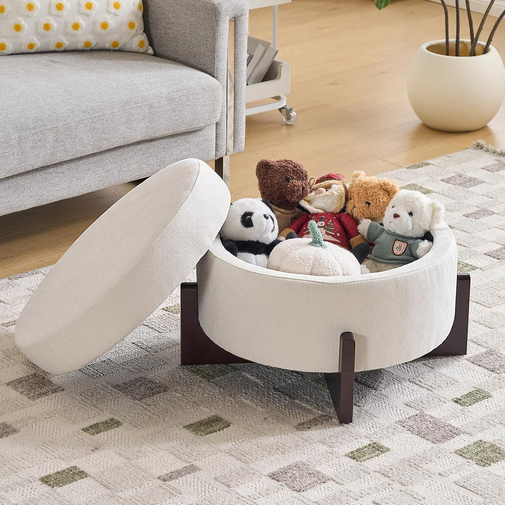 26Inch Round Storage Ottoman, Modern Chenille Upholstered Ottoman with Storag...