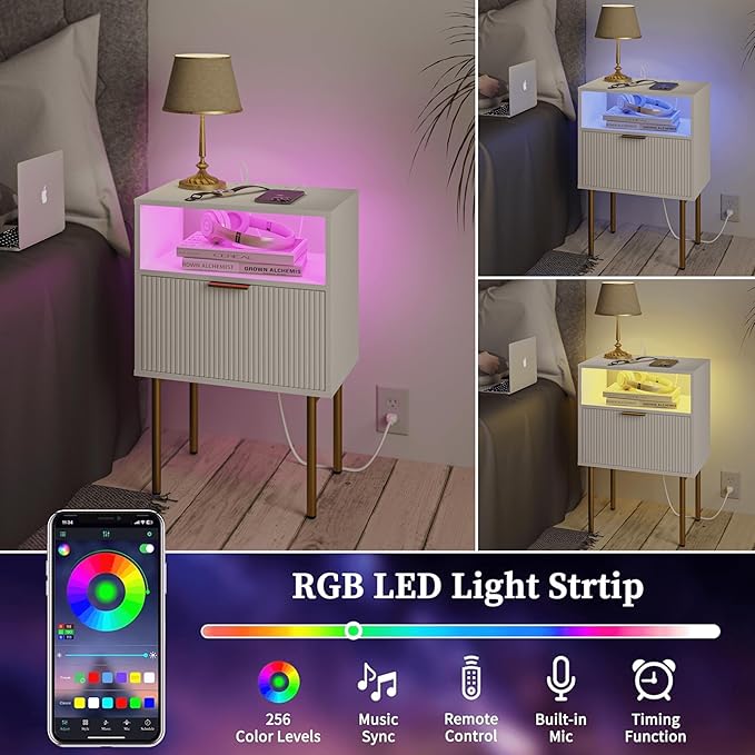 Modern Nightstand with Charging Station and LED Lights, White Bedside Table w...