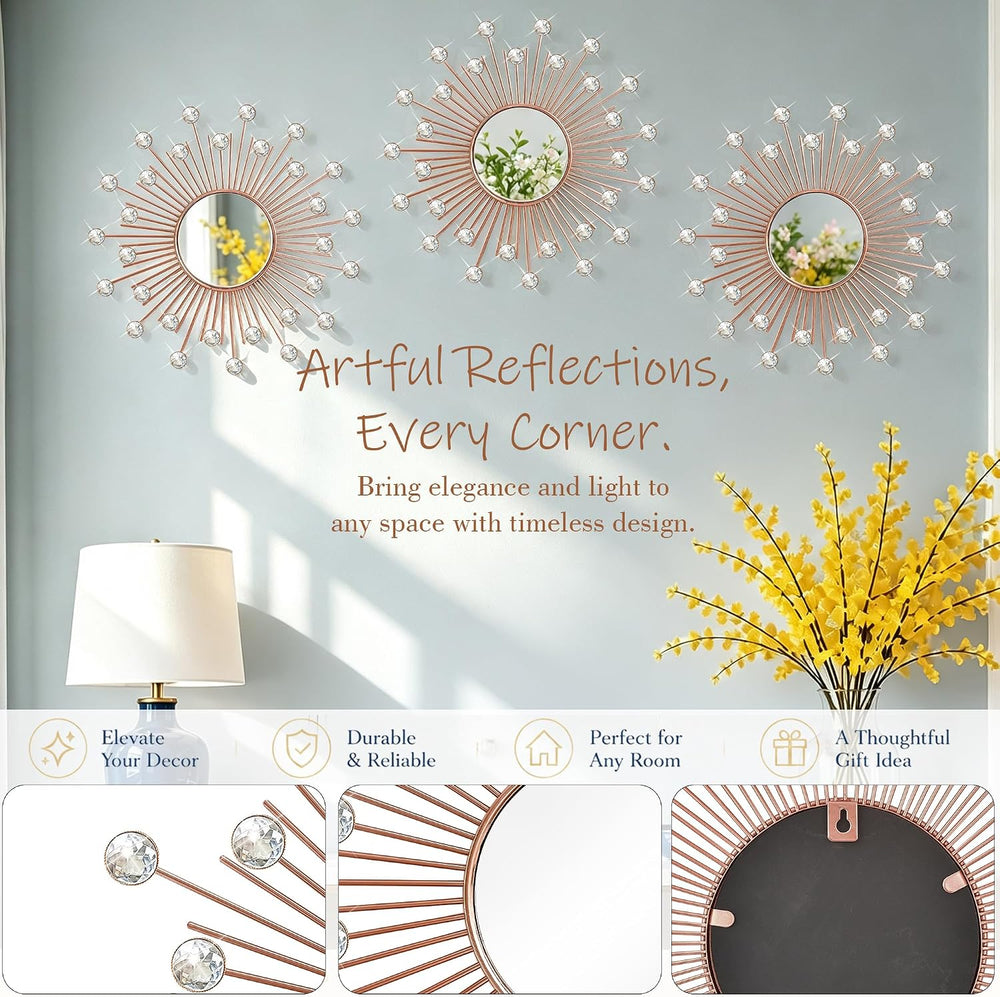 3 Pack Metal Mirrors for Wall Sunburst Wall Mirror Rose Gold Crystal Dรฉcor