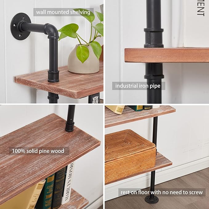 Industrial Ladder Pipe Shelves, Wall Mounted Rustic Bookshelf, Retro Metal Wo...