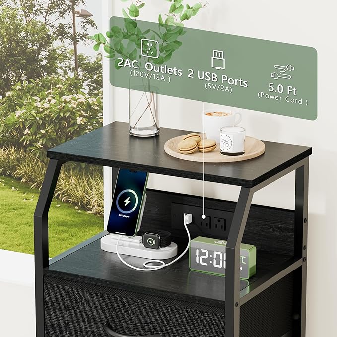 Furnulem Night Stand with Charging Station, 4 Drawer Dresser with Storage She...