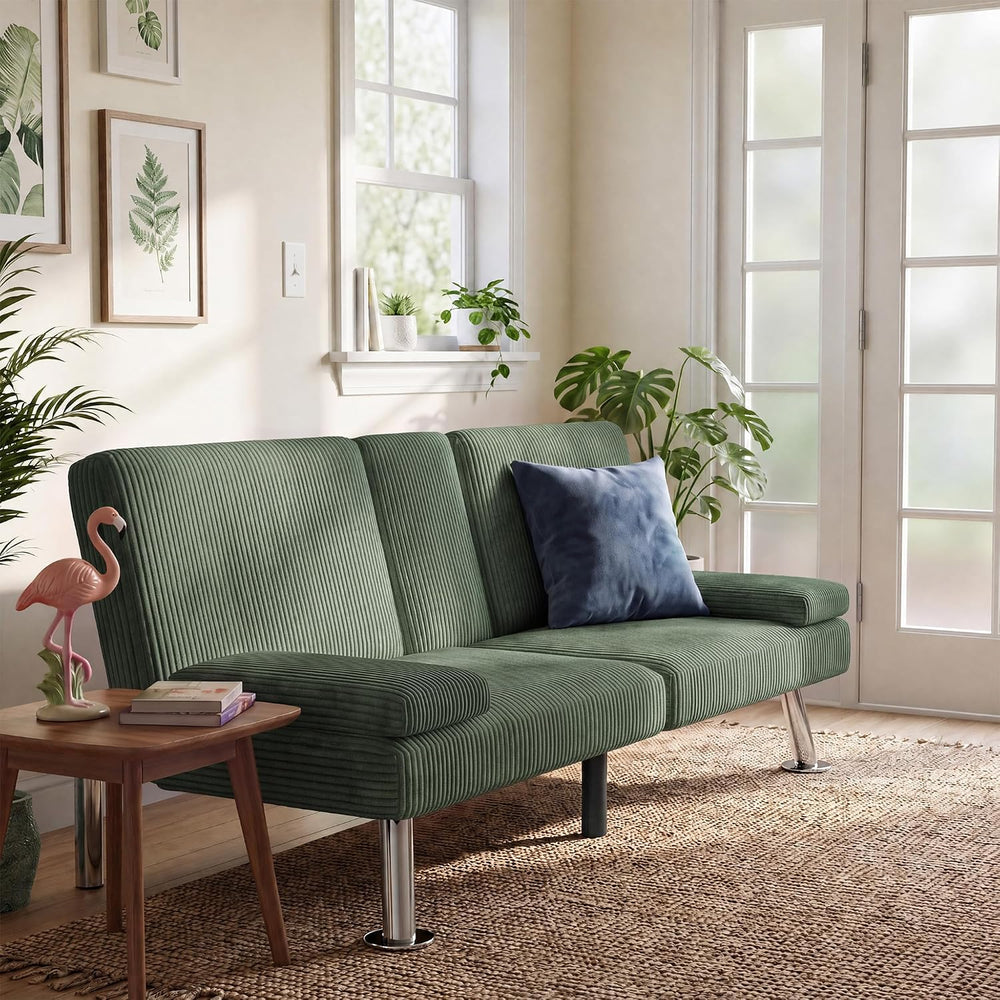 Furmax Convertible Futon Sofa Bed with Adjustable Backrest & 2 Cup Holders