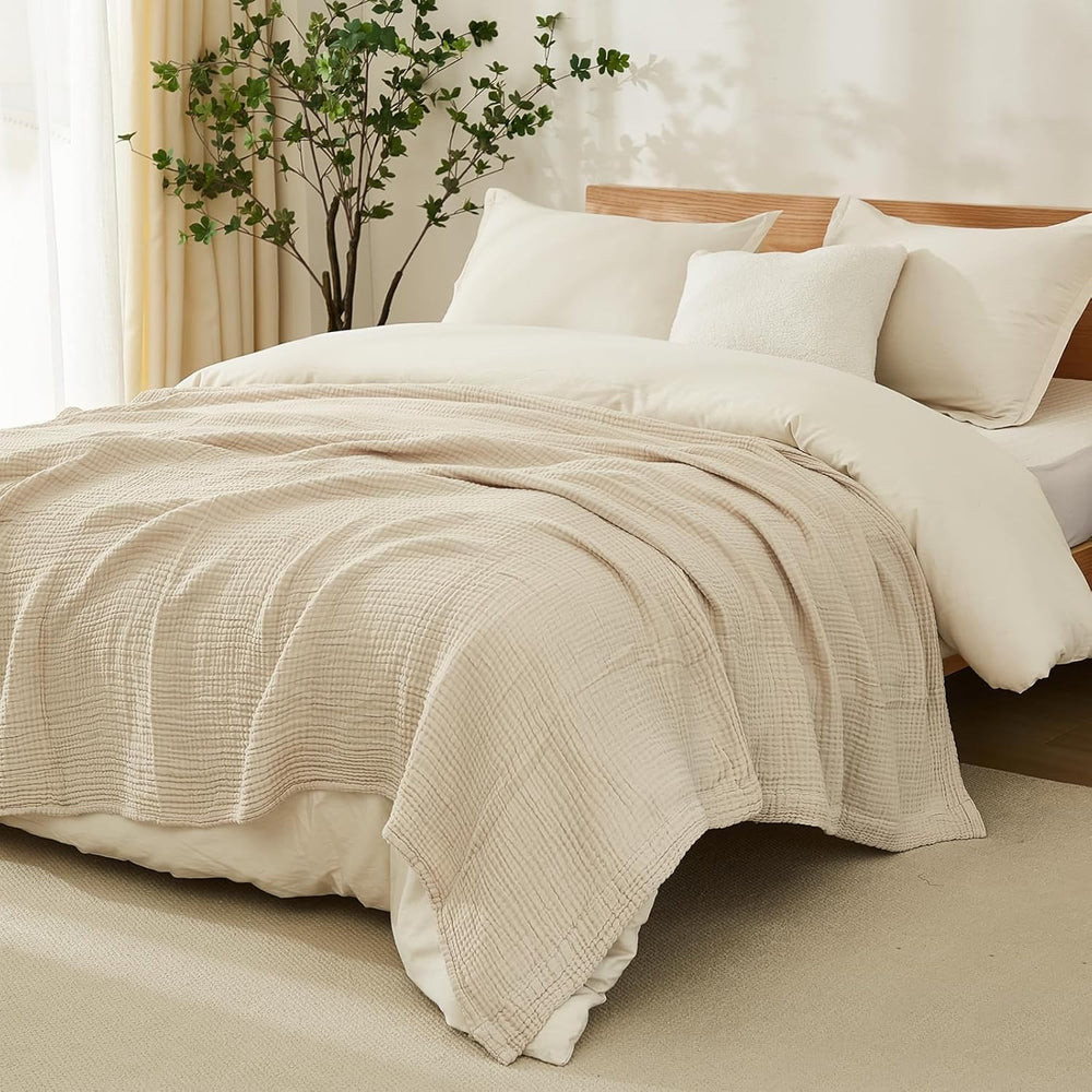 EMME Muslin Cotton Blanket King Size Adults Bed Layering Beige 108" x 90...