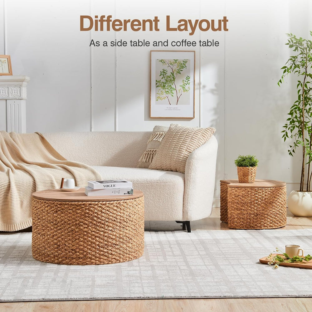 Round Nesting Coffee Table Set of 2 with Storage - Handwoven Wicker Rattan Ot...