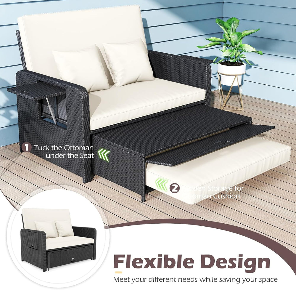 COSTWAY Patio Rattan Daybed with Cushions, Outdoor Wicker Loveseat Sofa