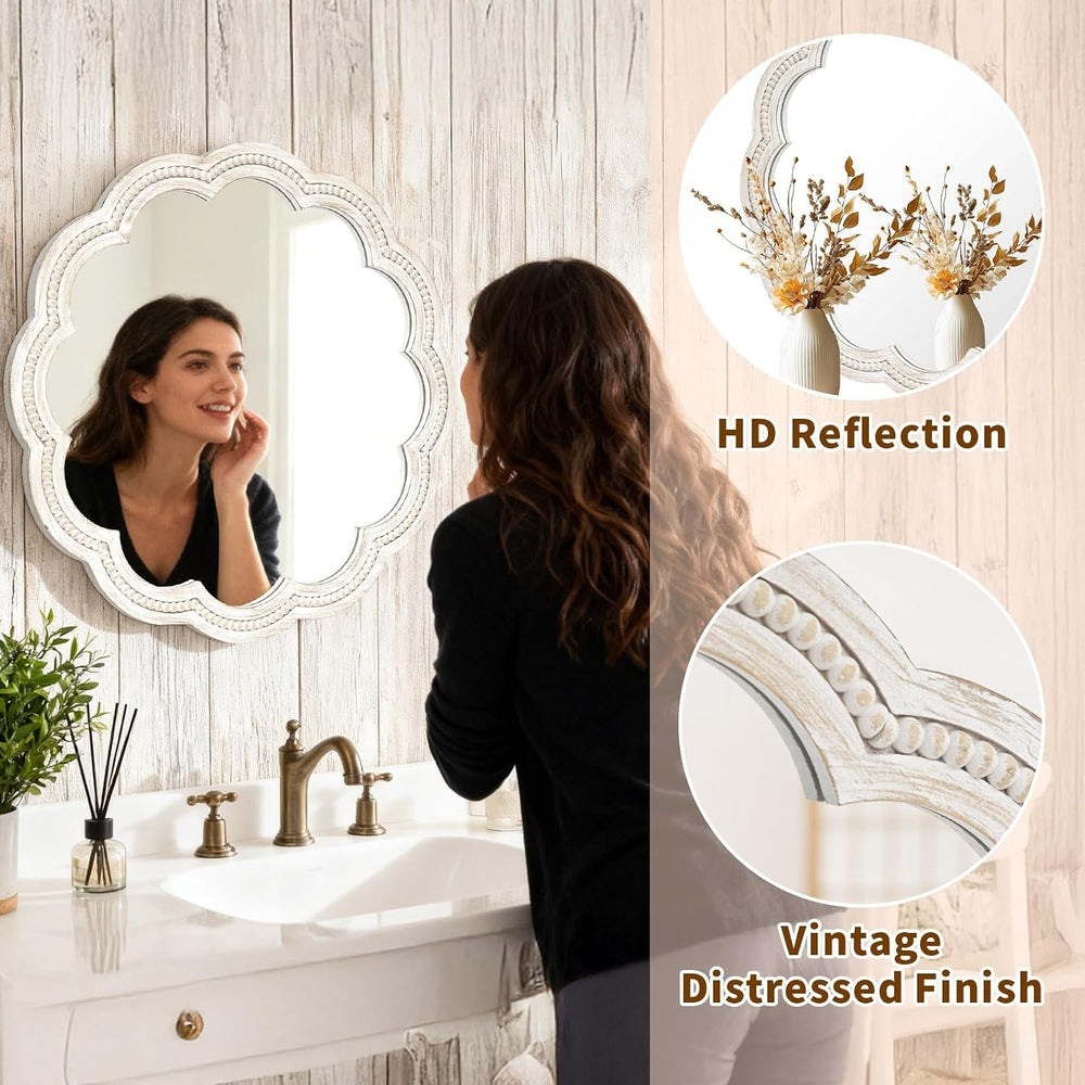 24 Inch Round Wall Mirror, Whitewashed Wooden Frame with Scalloped Edge &...