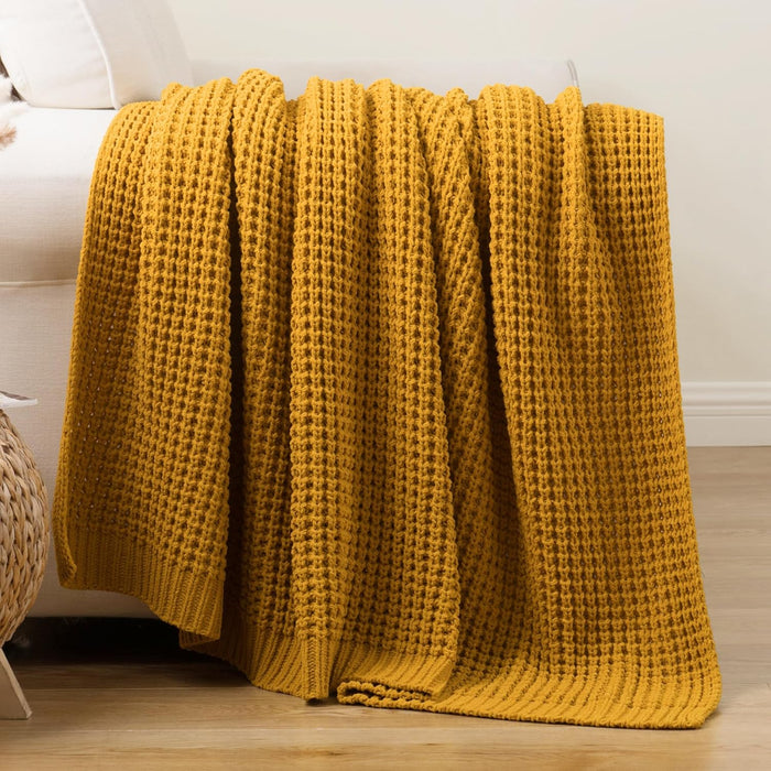 Waffle Knit Throw Blanket, Mustard Yellow Throw Blanket for Couch 50"x60"