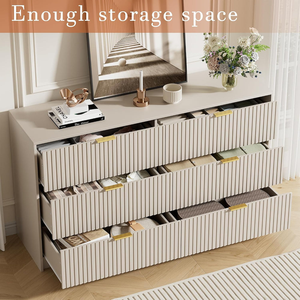 3 Piece Modern Bedroom Set, 6 Drawer Dresser with 2 Nightstands, Beige