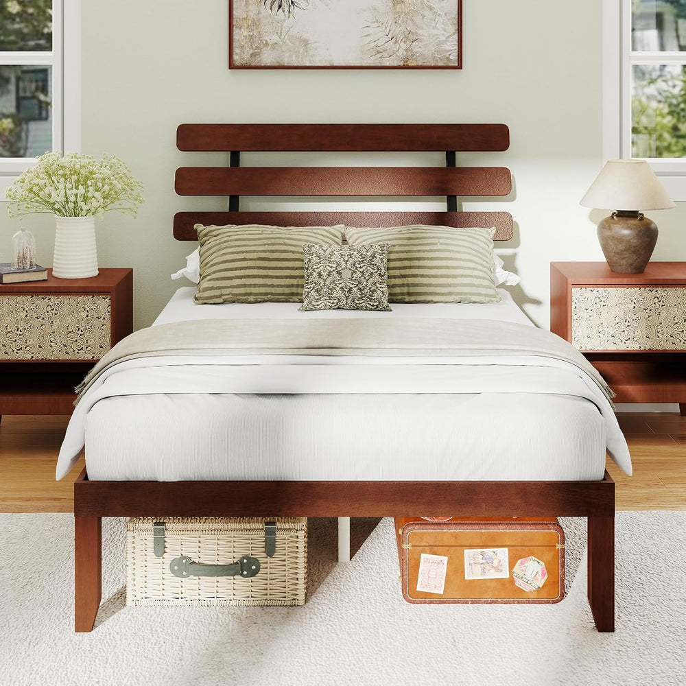 GIANTEX Full Size Platform Bed with Retro Headboard, Mid Century Modern Bed F...