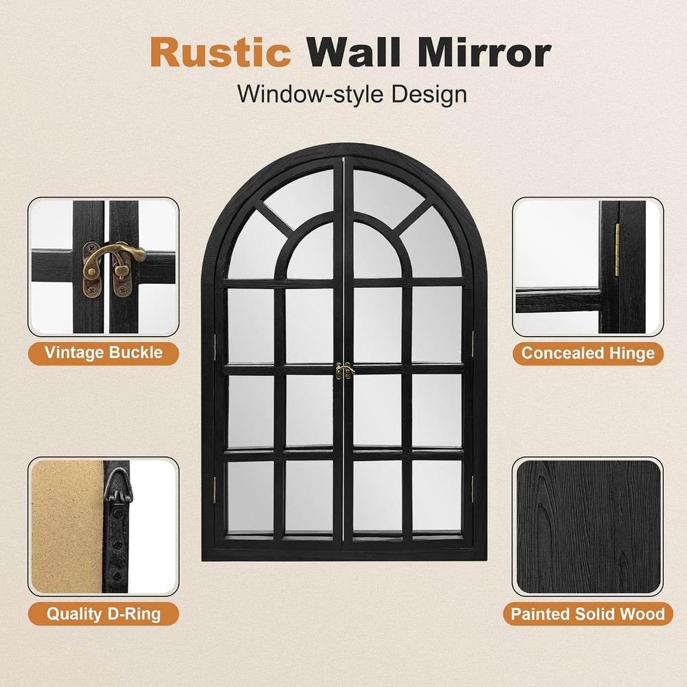 Arched Wall Mirror with Windowpane, 26"x38" Black Wood Mirror for Wall