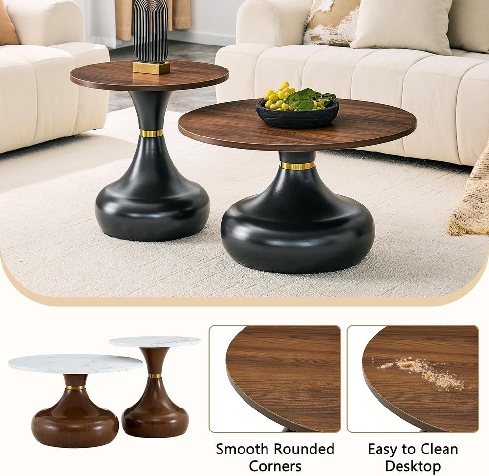 Nesting Coffee Table Set of 2, Modern Rustic Round Wood Center Table Set | Fr...