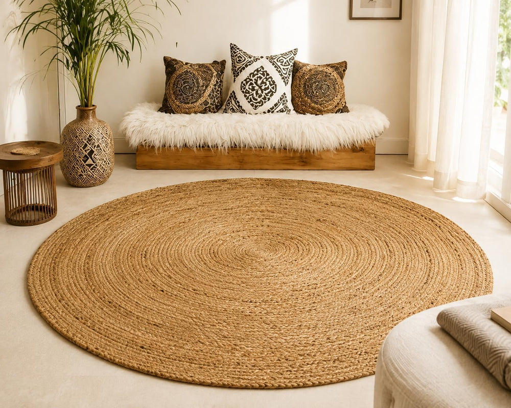 5 ft Round Handwoven 100% Natural Jute Area Rug, Reversible