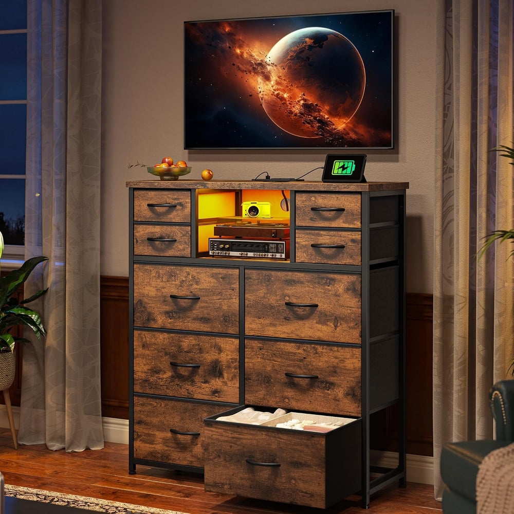 10-Drawer Tall Dresser for Bedroom, LED & Charging Station, Brown