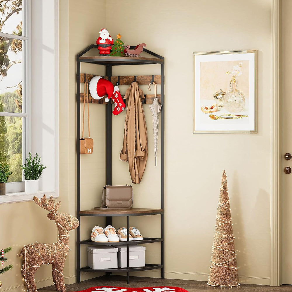 GiftGo Corner Hall Tree with Shoe Bench Entryway Coat Rack with 10 Metal Mova...