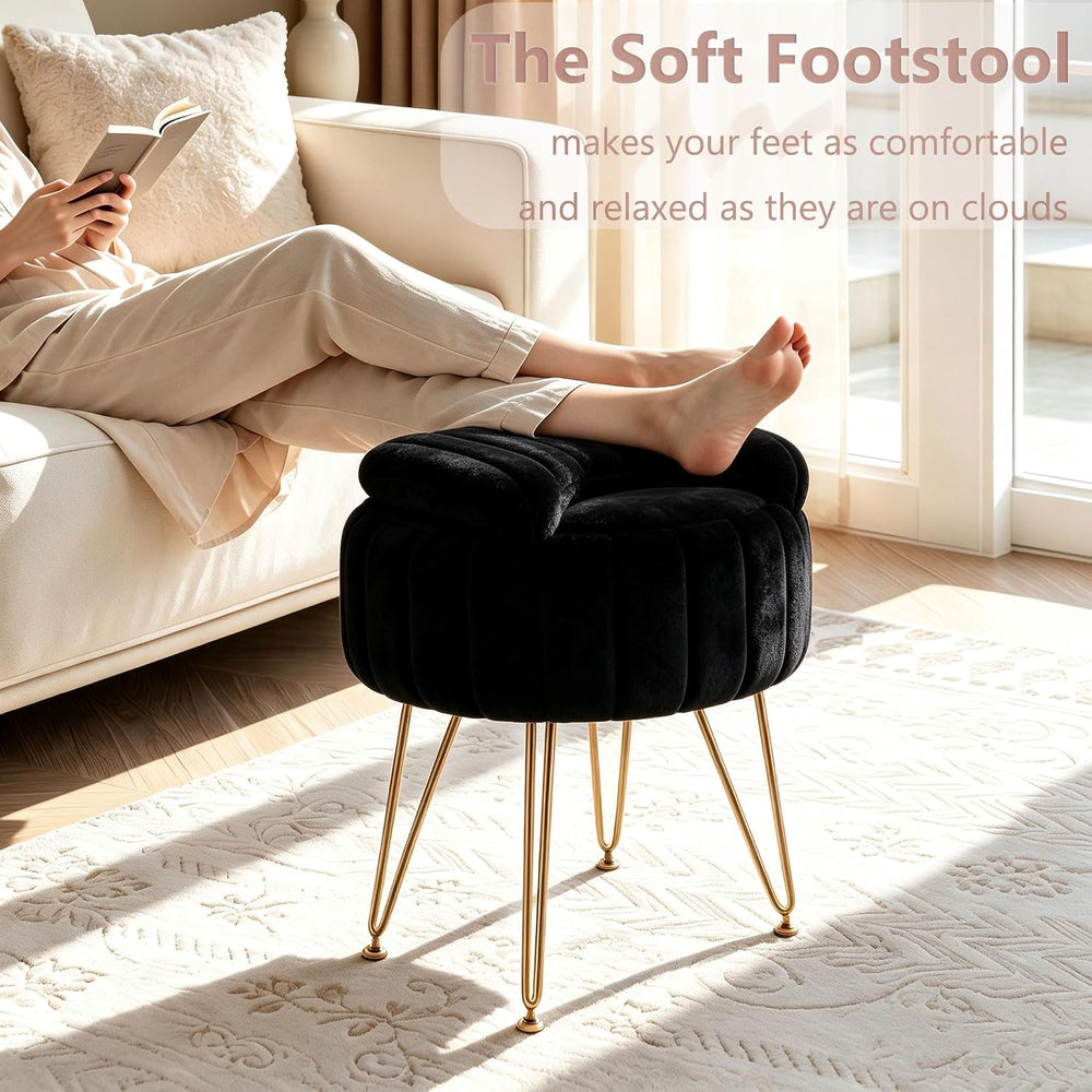 Garvee Vanity Stool Chair with Storage, Folding Back,Faux Fur,Black,Small