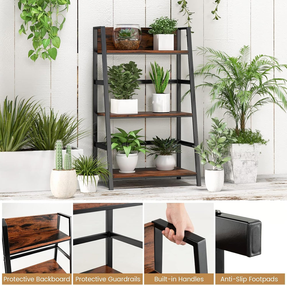 Tangkula 3-Tier Ladder Bookshelf, Industrial Wooden Bookcase w/Metal Frame, A...