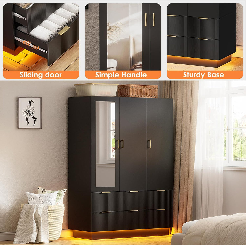 PAKASEPT Armoire Wardrobe Closet with 3 Door, Mirror, LED Lights