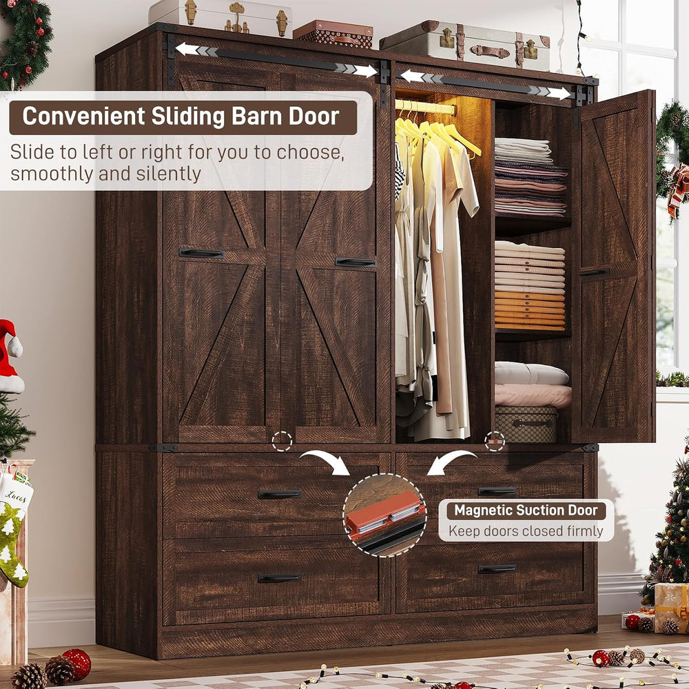 Farmhouse 4 Doors Armoire Wardrobe Closet w/Folding Sliding Barn Door and Lig...