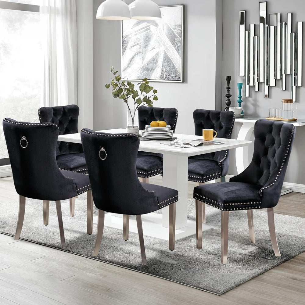 Velvet Upholstered Dining Chairs Set of 6, Modern Style Kitchen Side Chairs w...