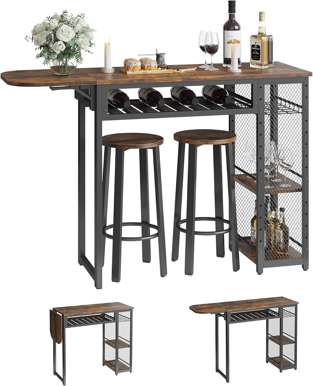 Bestier Bar Table and Chair Set, Expandable Dining Table with 2 Bar Stools, I...