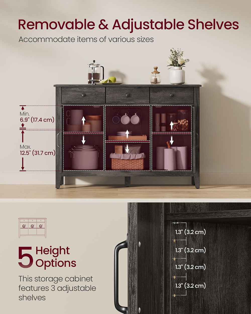 VASAGLE Buffet Cabinet, Coffee Bar with 3 Drawers, Adjustable Shelf