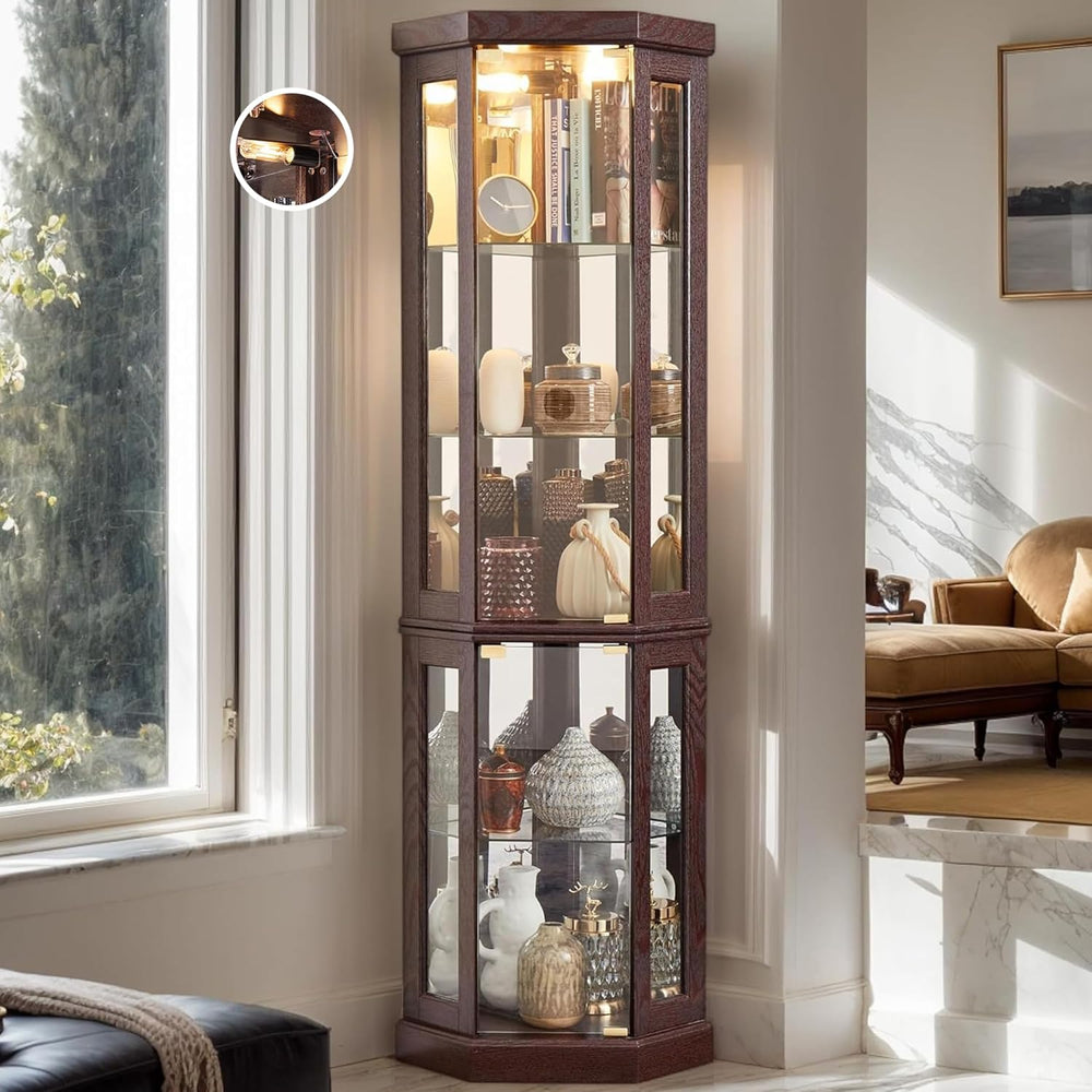70" Lighted Corner Curio Cabinet, Wood China Display Case with Tempered ...