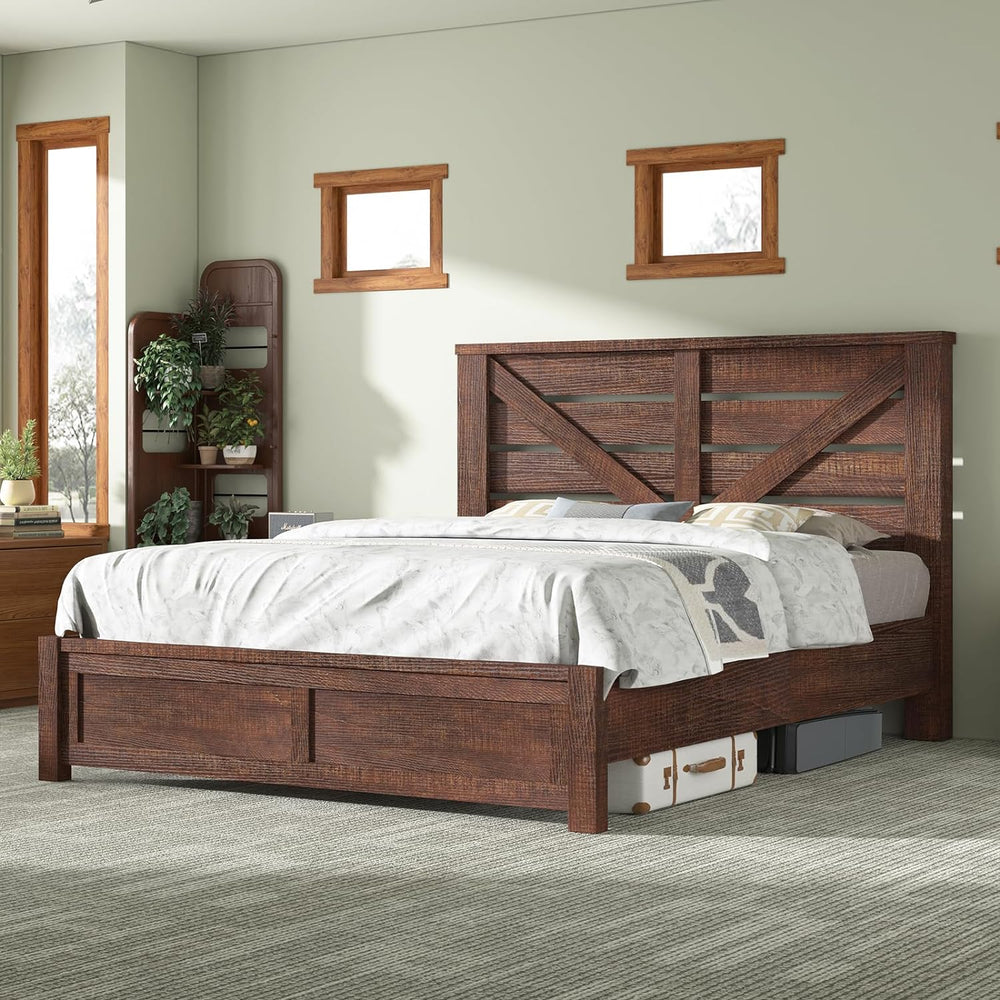 AMERLIFE Farmhouse Full Size Bed Frame with Barn Door Storage, Rustic Brown
