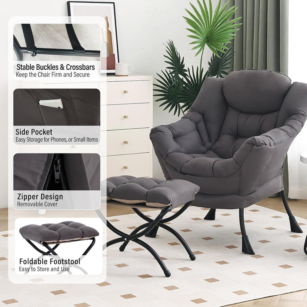 Furlide Lazy Chair with Ottoman, Modern Chair with Folding Footrest, Dark Gre...