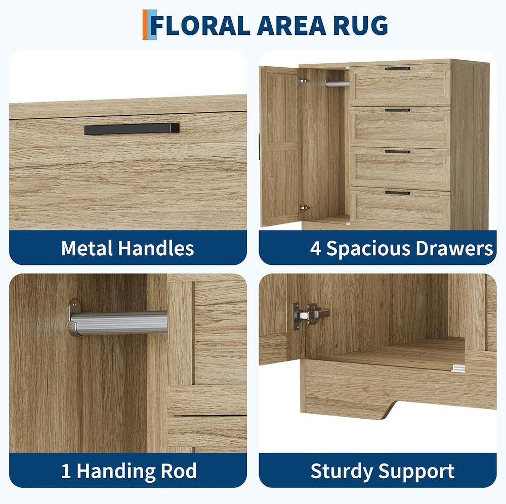 GarveeHome Wood Armoire Wardrobe Closet with 4 Drawers and Door, 43.3 in H Be...