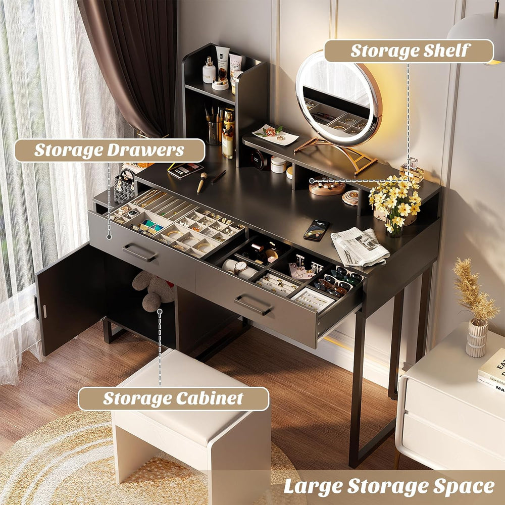 Besiost Vanity Desk, Small Vanity Desk with Power Outlet, Makeup Desk with Dr...