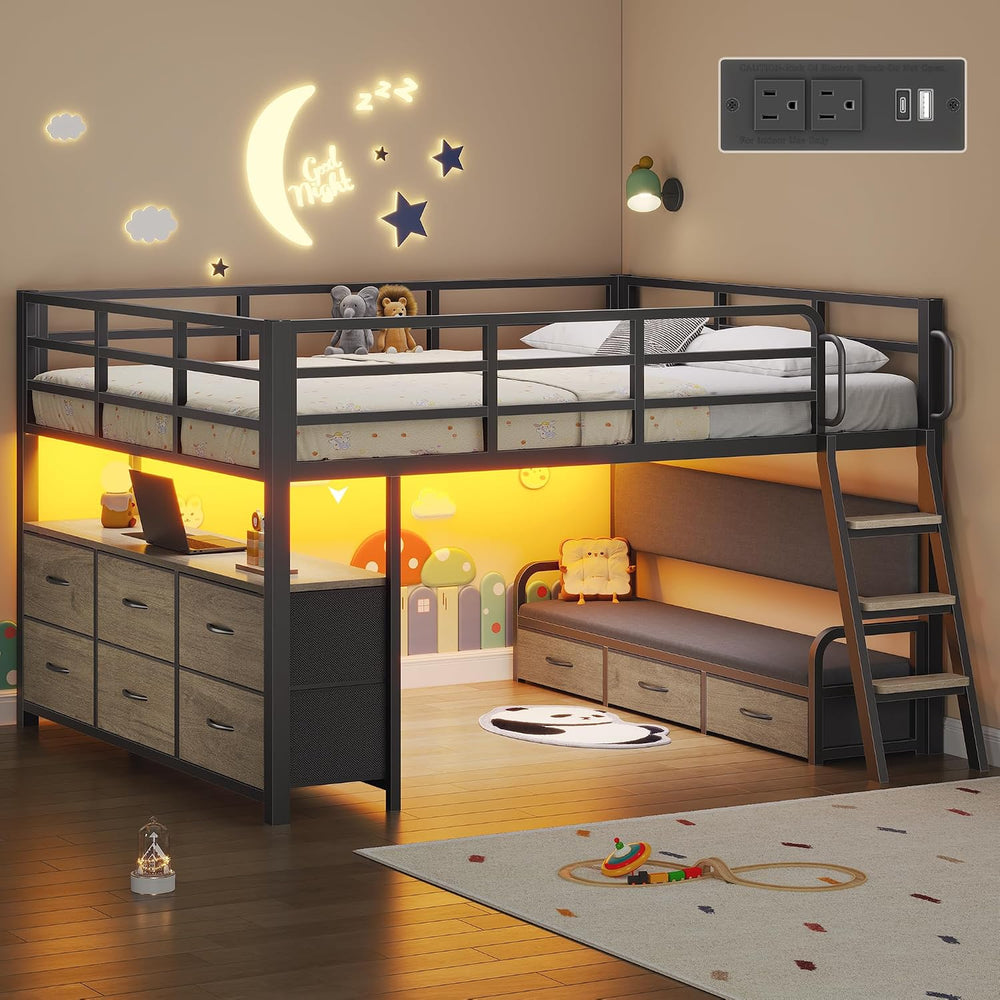 Low Loft Bed Full Size with Desk and 9 Storage Drawers, Oak Gray