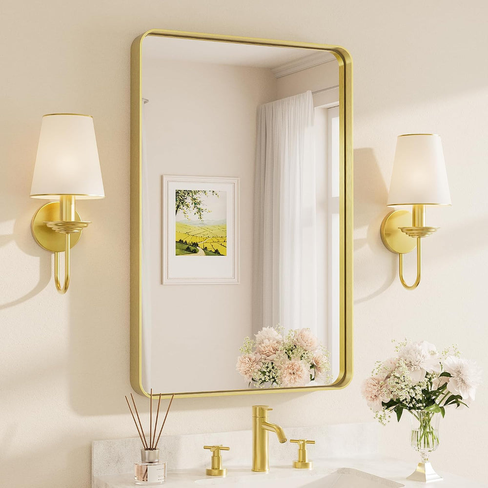 Brushed Gold Bathroom Mirror, 24 x 36 Inch Metal Framed Mirror, Brushed Brass...