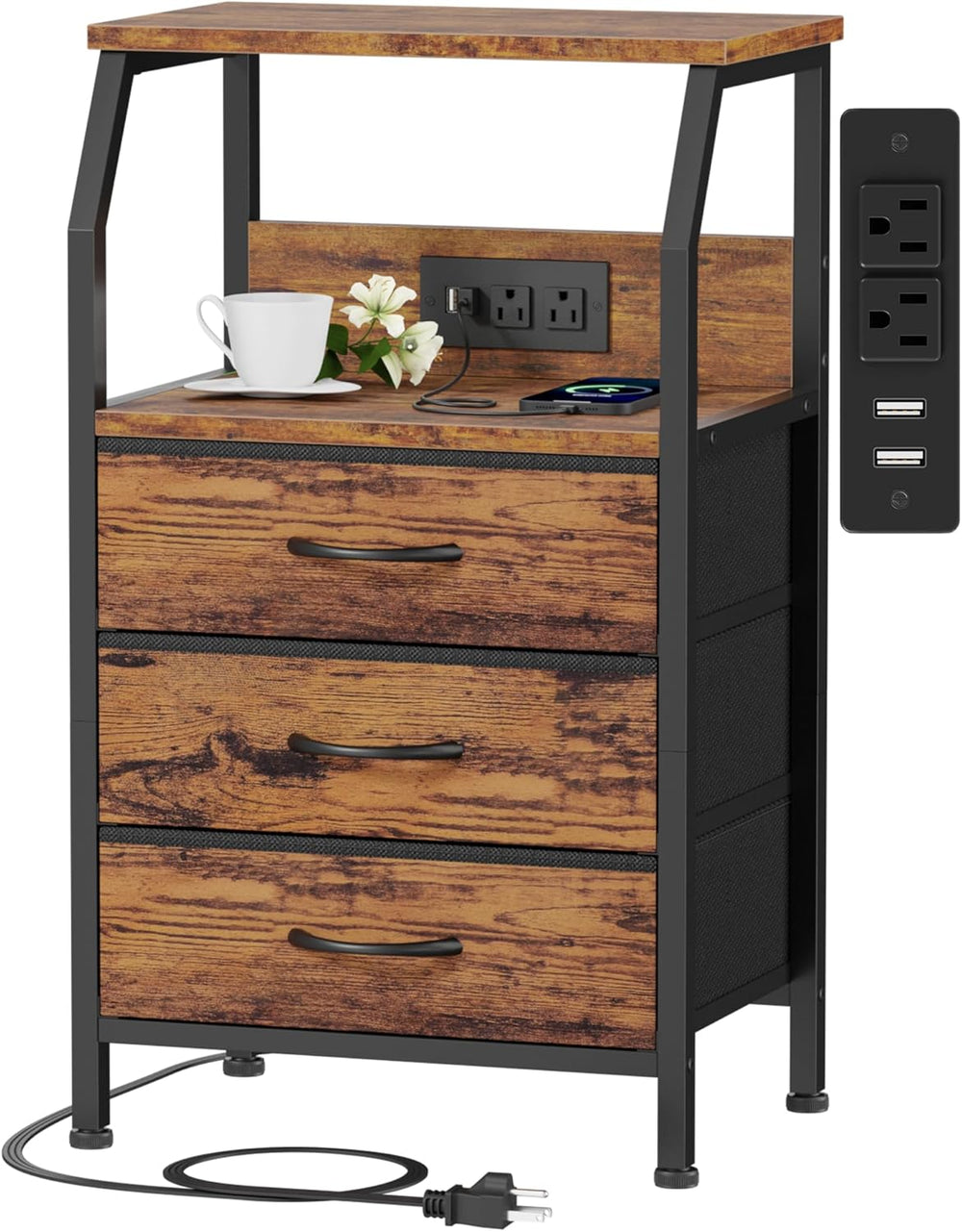Furnulem Night Stand with Charging Station, USB Ports and Outlets, 28.3 Inch ...