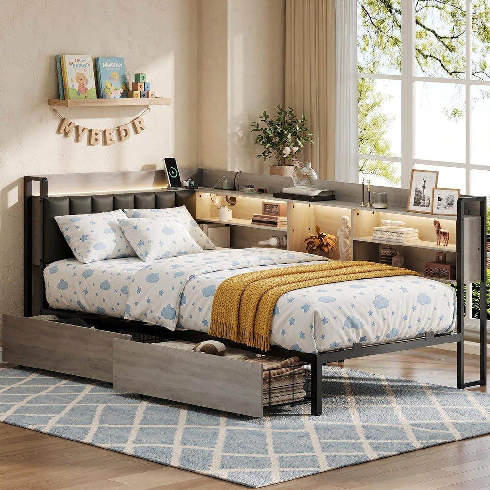 Twin Corner Bed Frame with Bookcase Storage and PU Upholstered, Twin Daybed w...