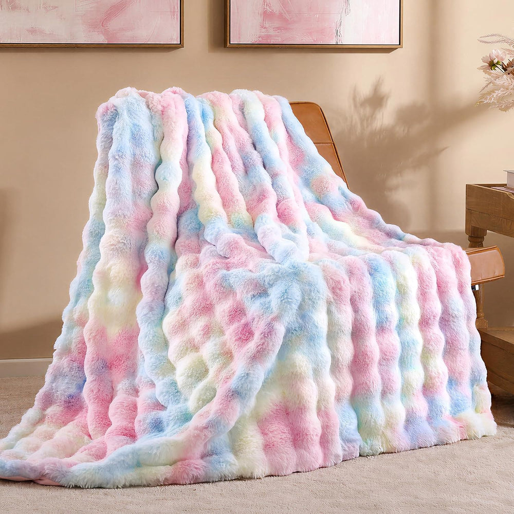 Faux Rabbit Fur Throw for Couch - Rainbow Bubble Blanket 50"x60"